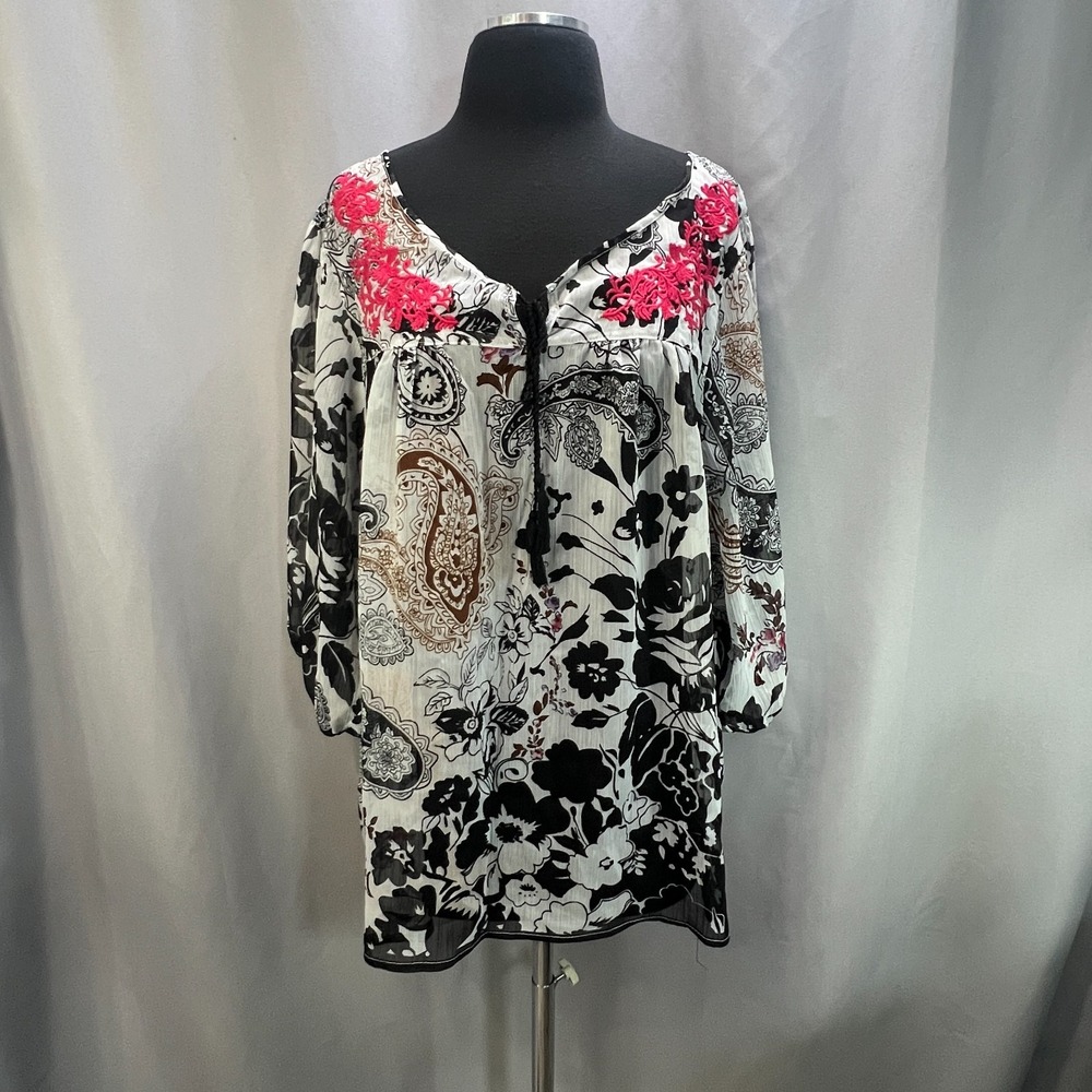 One World Blouse Top Womens 1X White Black Paisley Tassel Tie Front Everyday